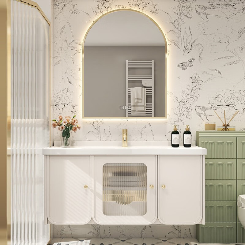 法式轻奢奶油风浴室柜陶瓷一体盆组合卫生间实木洗漱台洗脸手盆柜