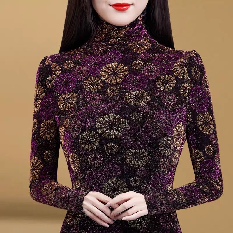 知藤秋冬天保暖小衫长高领带绒加绒网纱网沙高领打底衣女秋冬加绒加厚