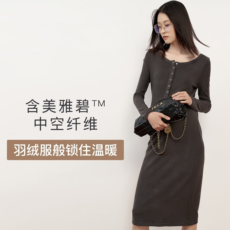 Sellynear孕妇装秋冬新款连衣裙高弹绒感针织裙长袖哺乳裙舒适孕妈裙子 灰色 S