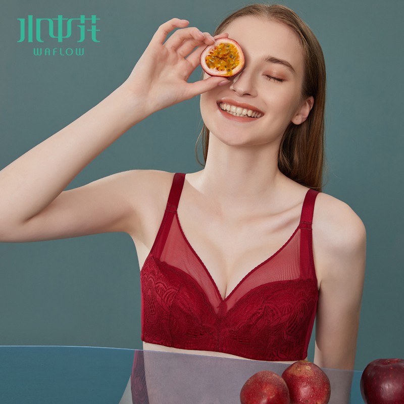 胸显小蕾丝内衣女聚拢收副乳防下垂红色本命年全罩杯文胸 酒红色 80c
