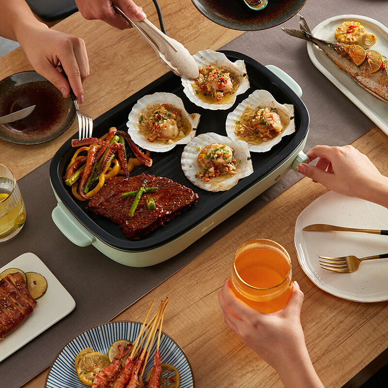 盛芯华平底锅不粘锅自带电烙饼锅牛排一体无油烟烤肉锅煎锅插电家用烤肉 绿色豪华版