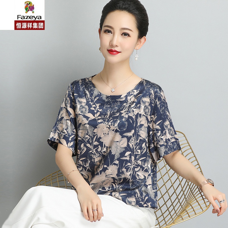 夏装丝绸重磅真丝t恤衫中老年宽松大码短袖桑蚕丝上衣女新款高档妈妈