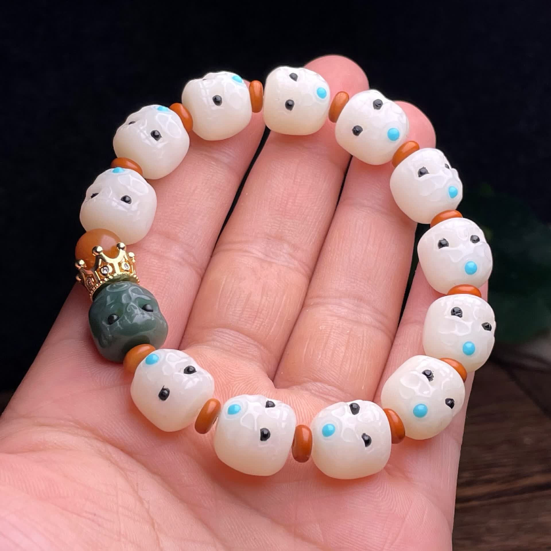 白玉菩提根阿呆手串男女呆呆团菩提子男女款手串单圈手链 镶嵌白-约