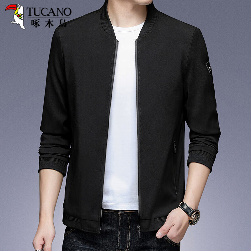 啄木鸟(TUCANO)夹克男春秋季商务休闲纯色棒球领时尚简约上衣外套男装 黑色 XL