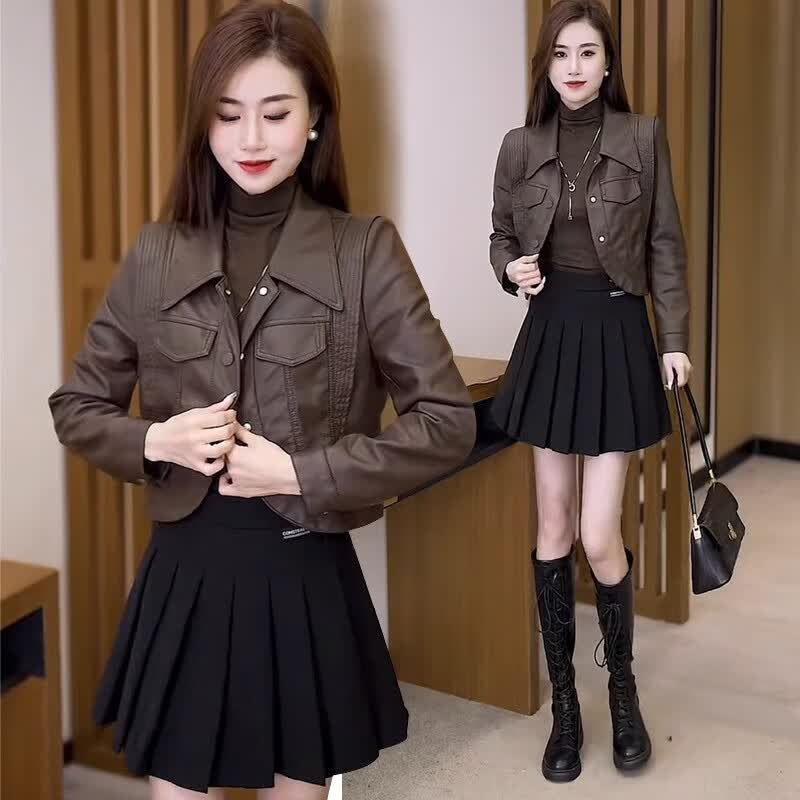 定原小个子短款皮衣外套女士2023春秋新款设计感上衣高级感机车皮夹克 咖色皮衣 XL/建议116-125斤使用感如何?