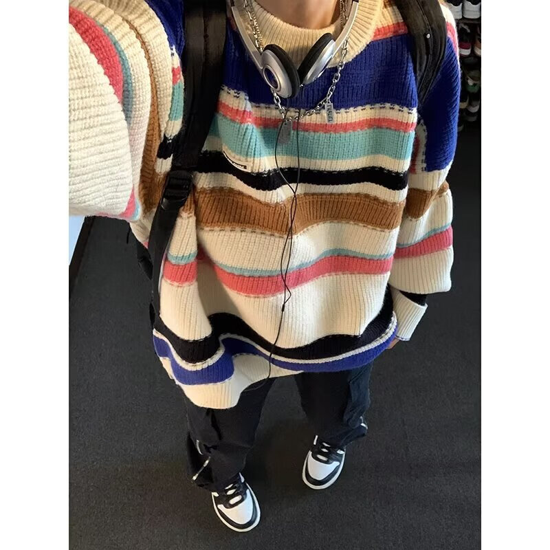 黑盒白学院风彩虹条纹圆领毛衣男女复古慵懒风学生秋冬季情侣针织衫男 XH-Y39黑色 常规 2XL 【130-150斤】