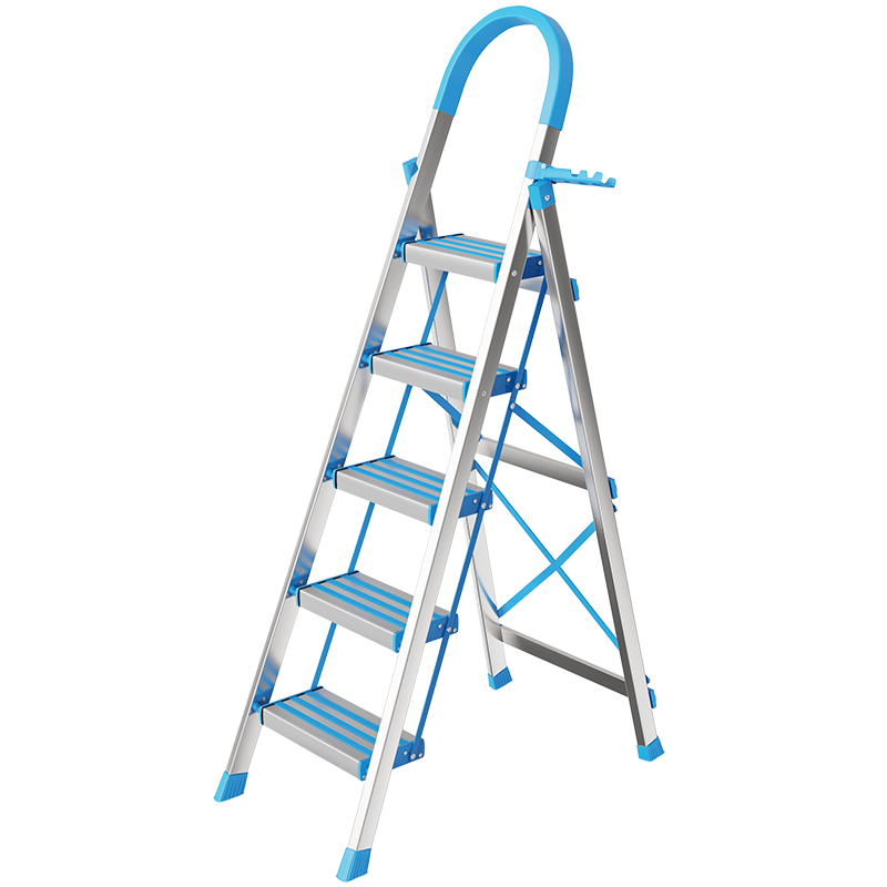 创硕 不锈钢梯子家用折叠伸缩室内多功能步梯人字梯小楼梯 五步蓝色彩条加厚D形梯