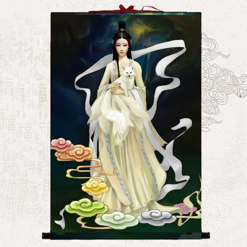 红同九尾狐仙画像白狐丝绸卷轴画挂画堂口玄关装饰古风人物三尺三 宽