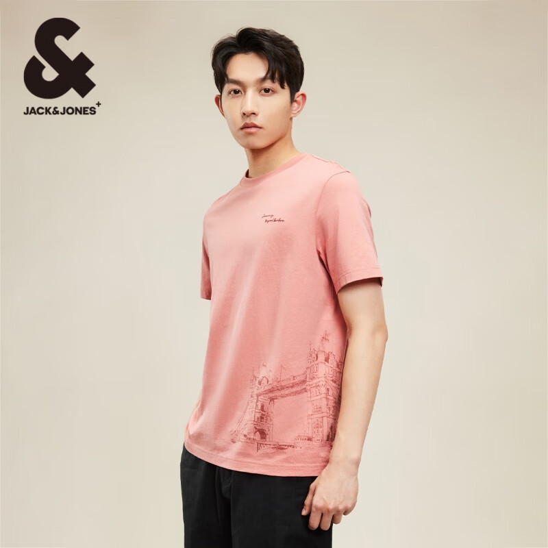 杰克·琼斯（JACK&JONES）男装短袖男百搭纯棉塔桥图案印花半袖上衣圆领短袖T恤男夏季衣服 E14 砖尘 常规 E14 砖尘 M 175