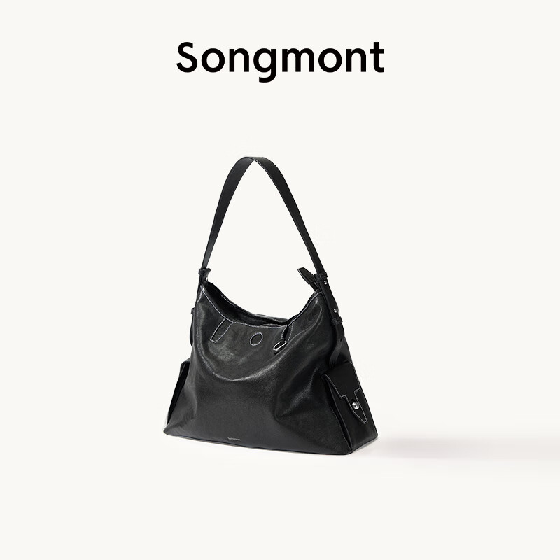 Songmont【李娜同款】山下有松循迹系列hobo包植鞣牛皮斜挎软包 烟墨黑 小号 白钢五金 现货