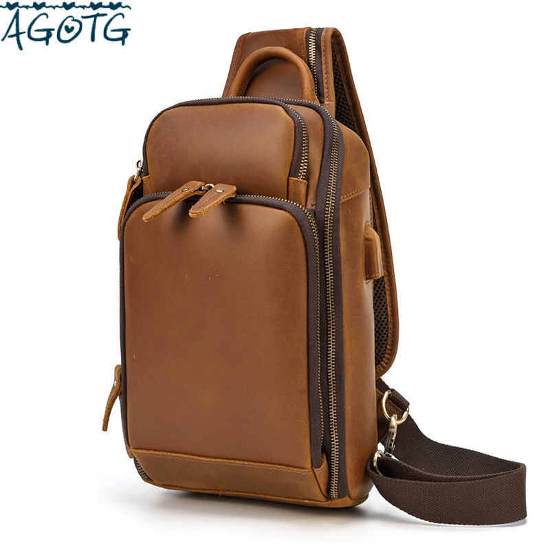 agotg品牌欧美男士真皮胸包usb多功能斜挎包头层牛皮复古单肩包一件