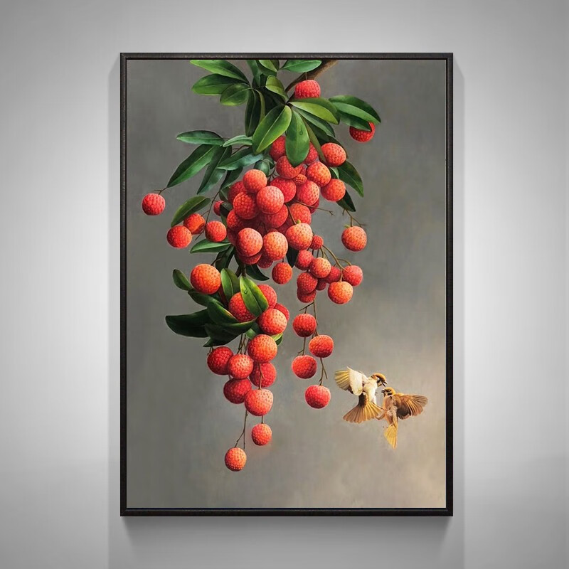 彩象手绘新中式玄关装饰画客厅挂画轻奢美式餐厅高档油画写实荔枝图 t