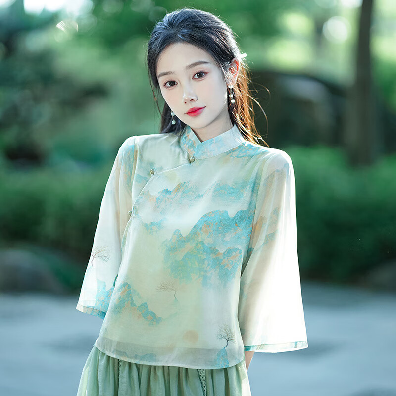 vil)千里江山图春晚演出中式唐装女改良中国风女盘扣唐装汉服套装夏季