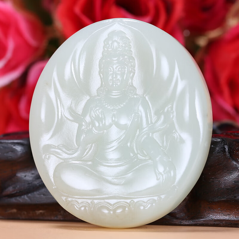 【珠宝严选】苏州玉雕大师万子涵作品 和田玉新疆且末料观音玉牌吊坠