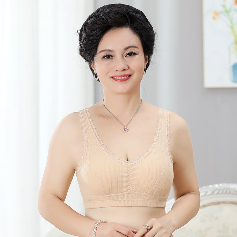 欧瑾带胸垫背心纯棉无扣妈妈内衣文胸50岁中老年大码女无钢圈薄款胸罩