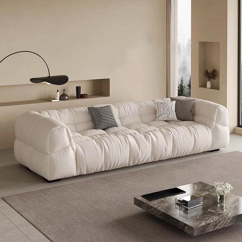 杰伦意式简约现代黑色泡芙真皮沙发客厅组合多人位直排网红小户型沙发 米白色（生态真皮） 两人位 190cm