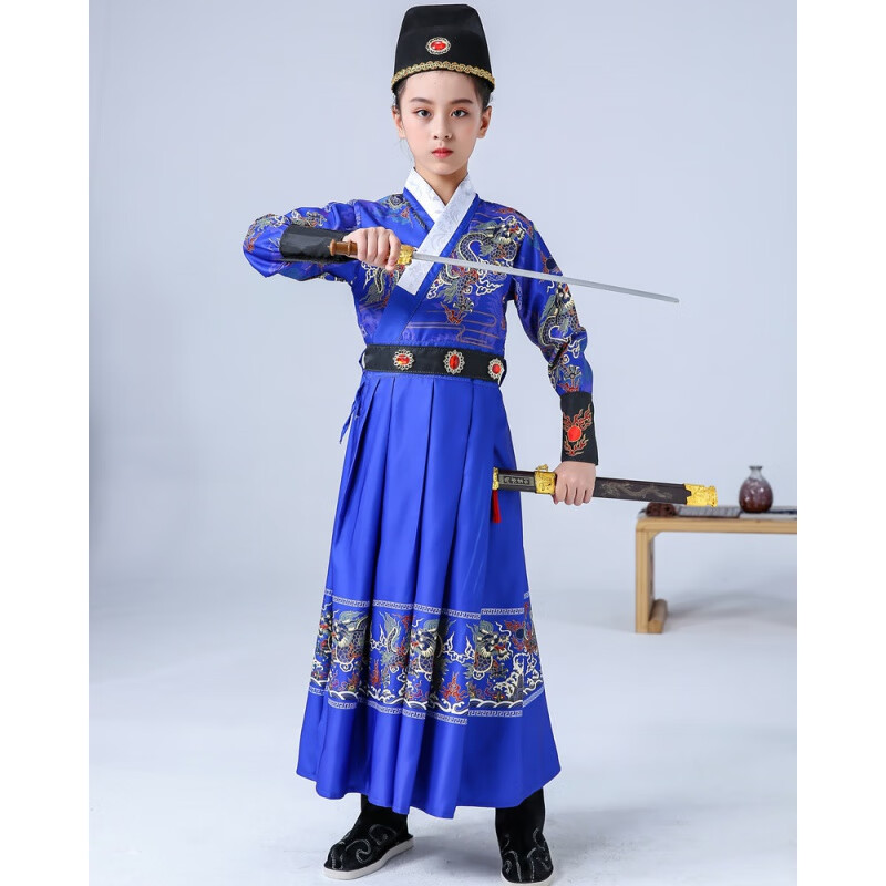 儿童古装汉服男女童飞鱼服霸气中国风明制春秋款演出服 蓝色衣服 靴子