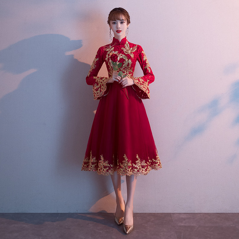 德朔结婚礼服女敬酒服冬天中式敬酒服新娘女2019酒红色旗袍结婚长袖高