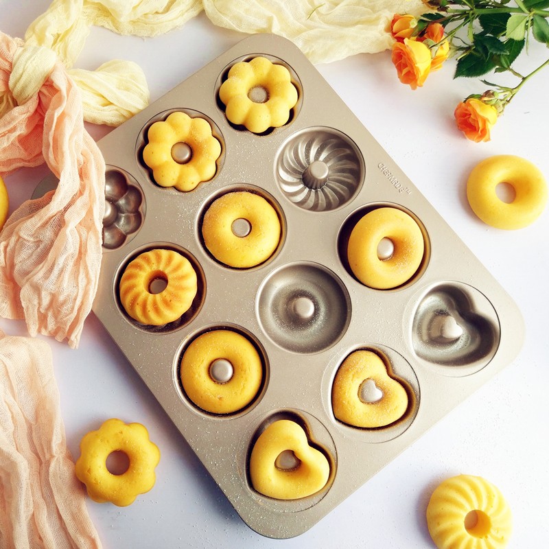 学厨12连杯4花型甜甜圈模具花式心形南瓜型旋风型蛋糕面包圈烘焙模具