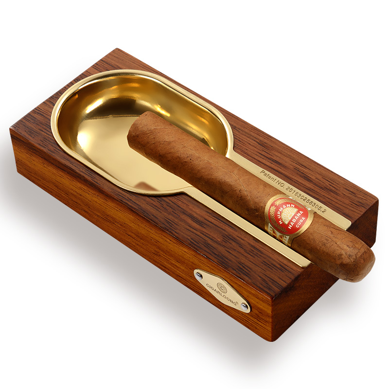 茄龙（CIGARLOONG）雪茄烟灰缸印茄实木不锈钢烟槽雪茄专用烟灰缸复古创意客厅装饰摆件 棕色