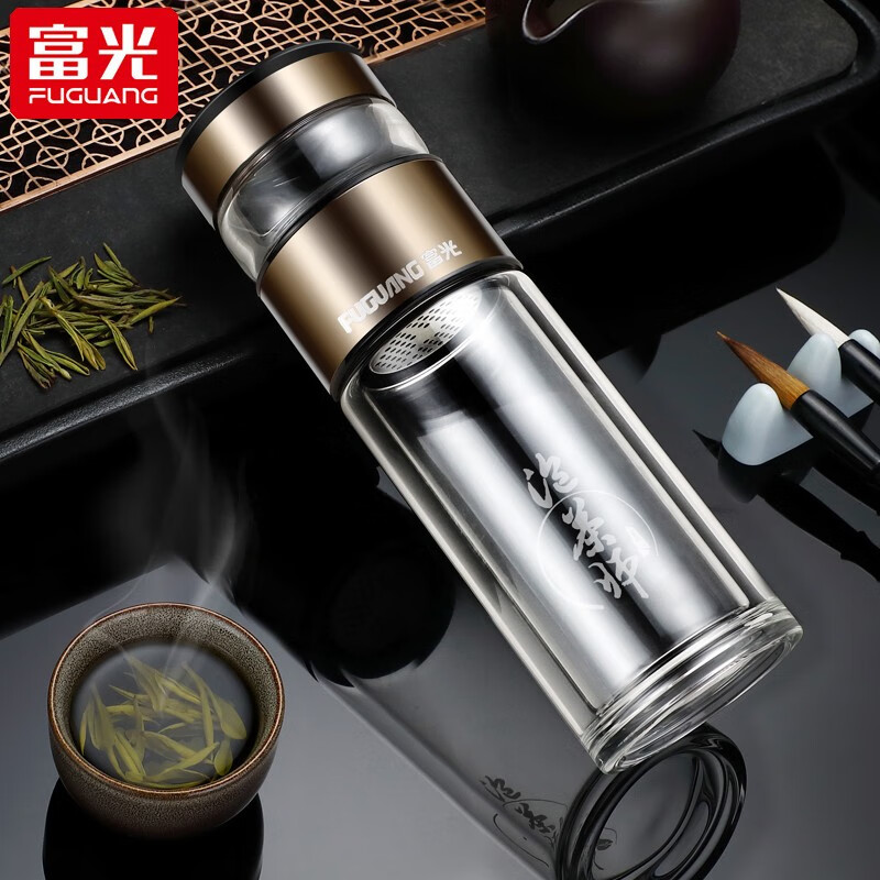 富光泡茶师系列双层玻璃杯带滤网茶水分离水杯支持团购定制 香槟金260