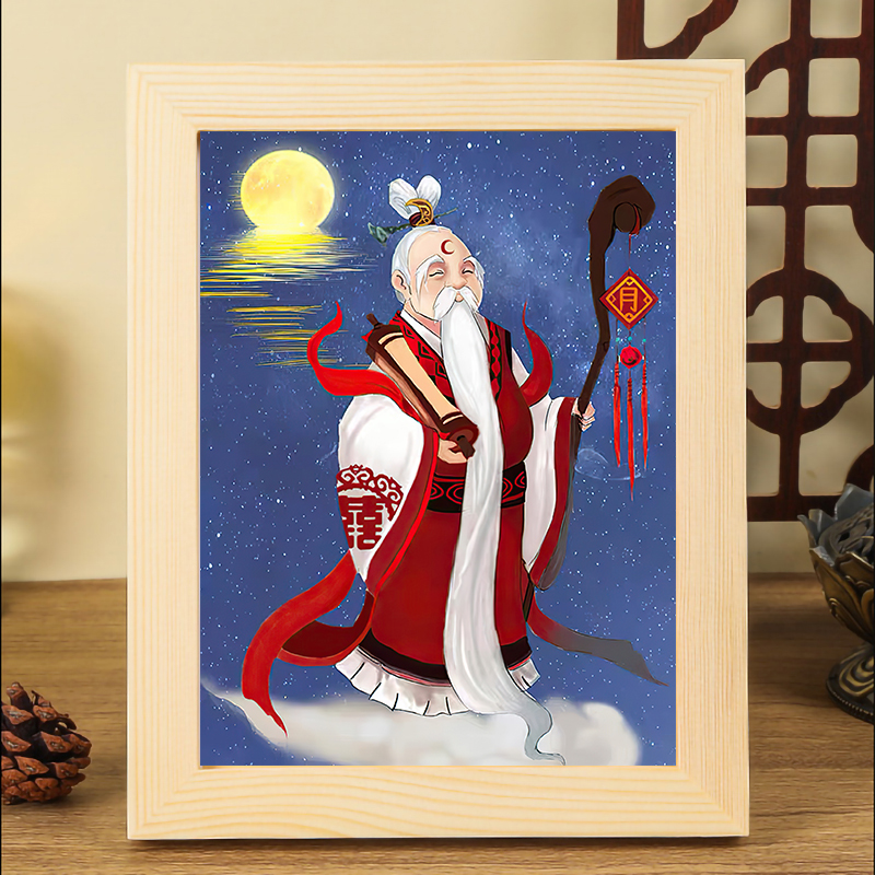 智奉月老画像 喜神媒神月老画像实木框摆台月下老人牵红线结姻缘旺桃