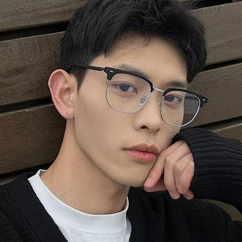 依岚傲雪超轻斯文理工男半框近视眼镜框可配有度数复古黑色眉线眼睛框