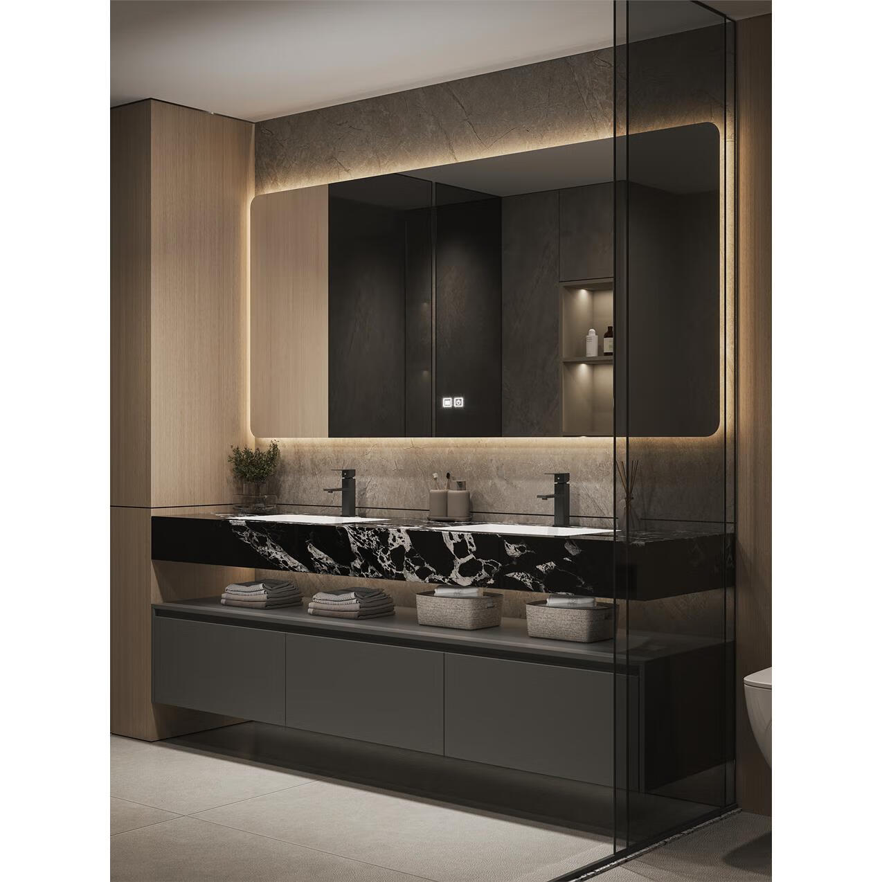 恒洁通用岩板浴室柜组合卫生间双盆洗漱台一体洗手洗脸池台盆柜组合