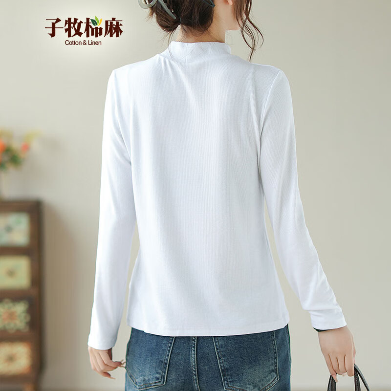 子牧棉麻秋装 女韩版百搭打底衫内搭长袖薄款半高领螺纹T恤上衣8701 珍珠白半高领 2XL (建议140-155斤)