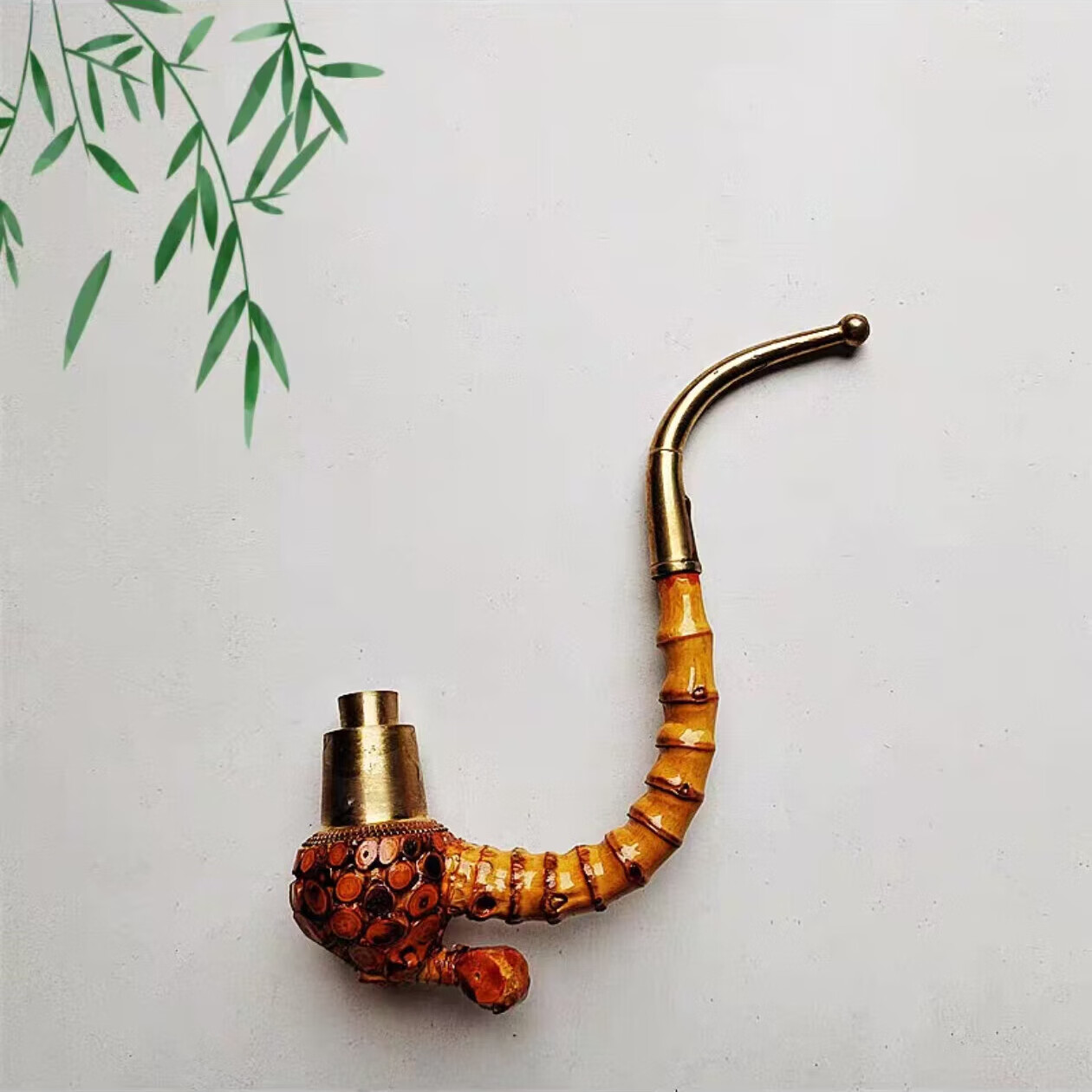 gjxbp贵州天然楠竹根烟杆上色一弯款金竹根纯手工制作老式小号叶子