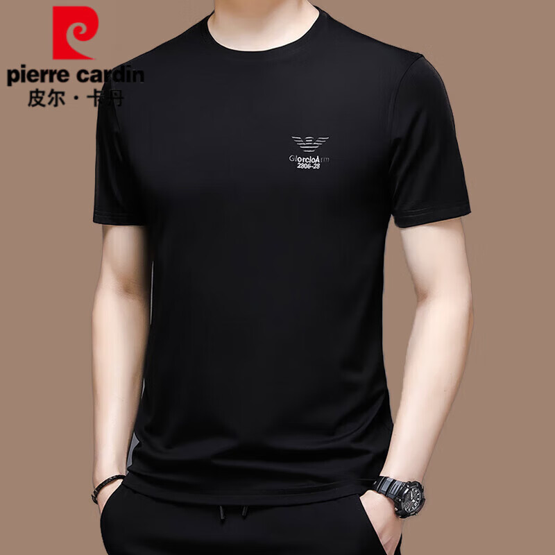 皮尔卡丹（pierre cardin）冰 丝短袖t恤男2025新款春夏季圆领修身薄款桑蚕丝体恤衫潮 黑色18911款 XL 175  【135斤-155斤】