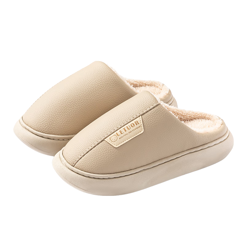 樂拖輕奢 拖鞋女秋冬季保暖居家室內PU防水厚底防滑情侶棉拖鞋女