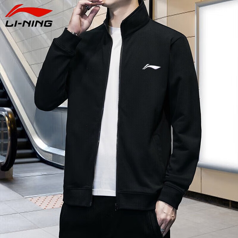 李宁外套开衫卫衣运动服休闲男装上衣大码宽松春秋季针织时尚百搭潮流 黑色 口袋带拉链 XL （建议145-160斤）