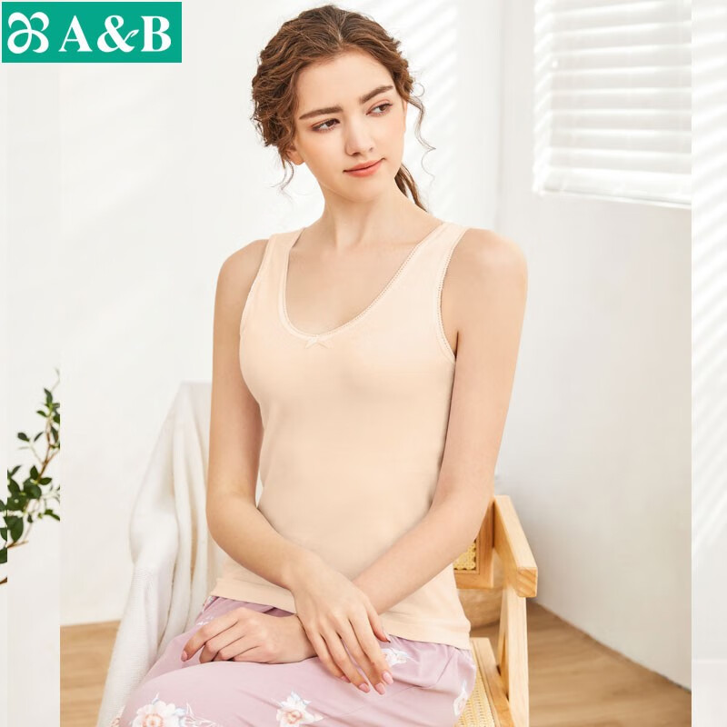 ab内衣女士全棉弹力蕾丝花边打底衫吊带衫女式背心8191 淡玉 l