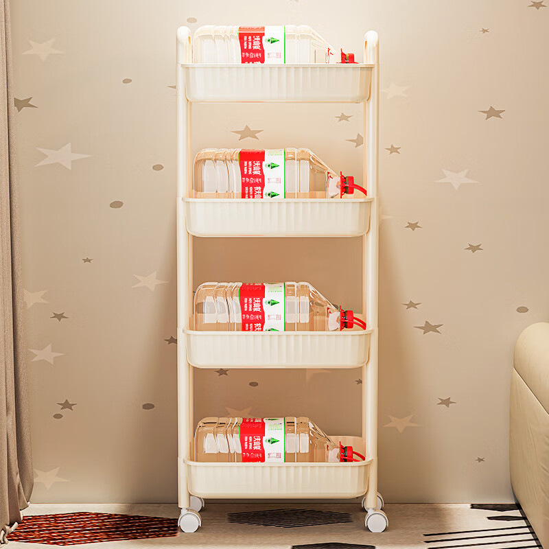 米多鱼小推车置物架落地多层小推车可移动厨房浴室收纳架蔬菜水果零食架 【3层经典款-奶油白】带滑轮