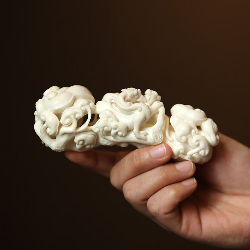曹堂鹿角双螭龙灵芝如意手把件挂件纯手工雕刻吊坠挂件挂饰工艺品摆件