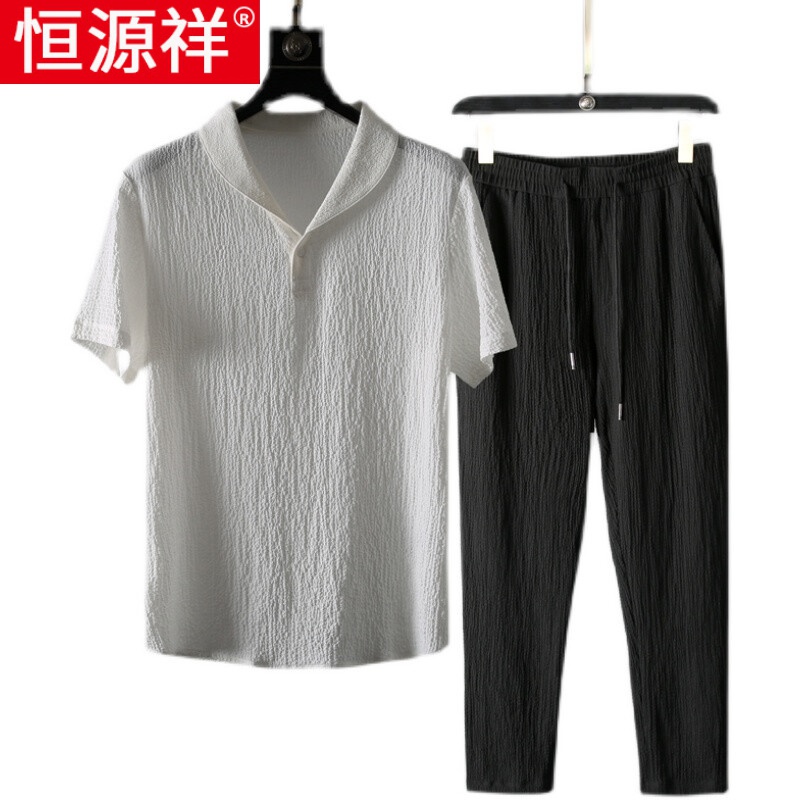 恒源祥品牌高档男装 2022年新款棉麻休闲套装男夏季薄款高端时尚短袖