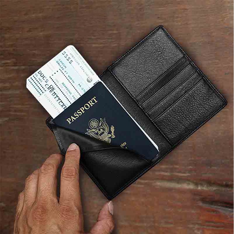 LEATHEROLOGY牛皮护照夹多卡位护照保护套旅行证件收纳包定制礼物 黑色