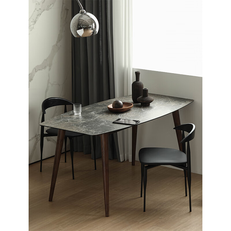 树吱西餐桌意式进口简约超薄岩板实木桌子侘寂风钢化玻璃小户异形多用 大地色1.2M