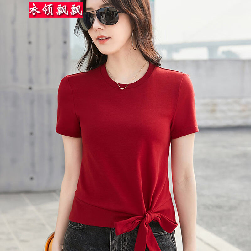 衣领飘飘时尚纯色潮款短袖女t恤女装夏装蝴蝶结可爱上衣百搭体恤打底衣服 酒红色 S(80-95斤)