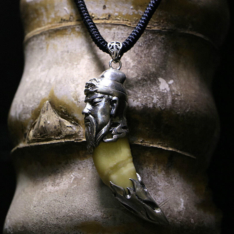 狼牙吊坠 银男士项链 藏獒牙套包银霸气关公吊坠生日礼物 银色