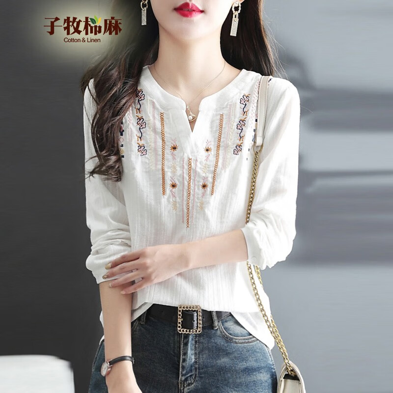 子牧棉麻春秋 女时尚休闲刺绣民族风长袖百搭小V领衬衫上衣0139 白色 L (建议116斤以内)
