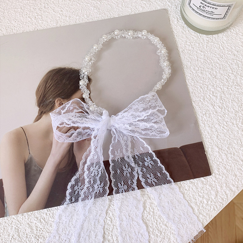 法式珍珠蕾丝发箍薄款仙飘带女绑发网红轻奢仙女蝴蝶结发饰 水晶珍珠