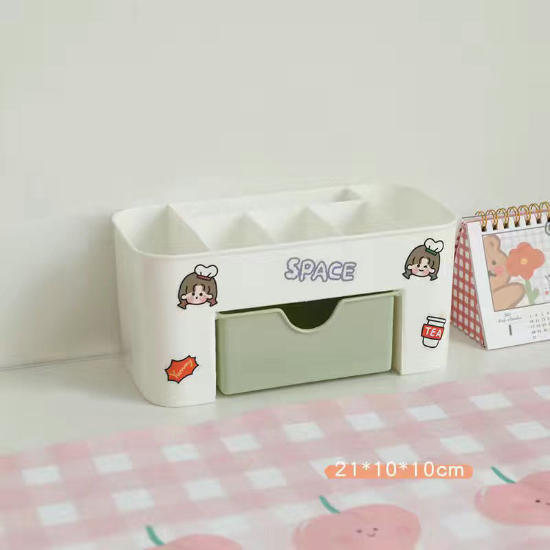 韩国ins简约抽屉式收纳盒学生女宿舍桌面改造储物盒文具创意笔筒 绿色收纳盒+贴纸
