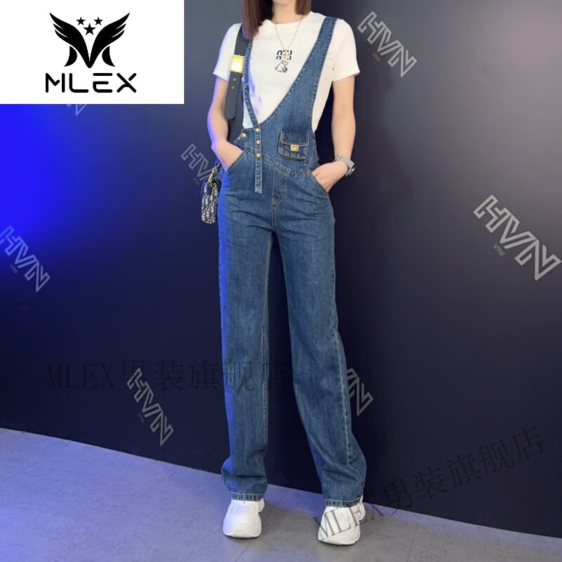 2023春夏时尚复古背带牛仔裤个性心形镂空上衣套装 蓝色背带裤套装 s