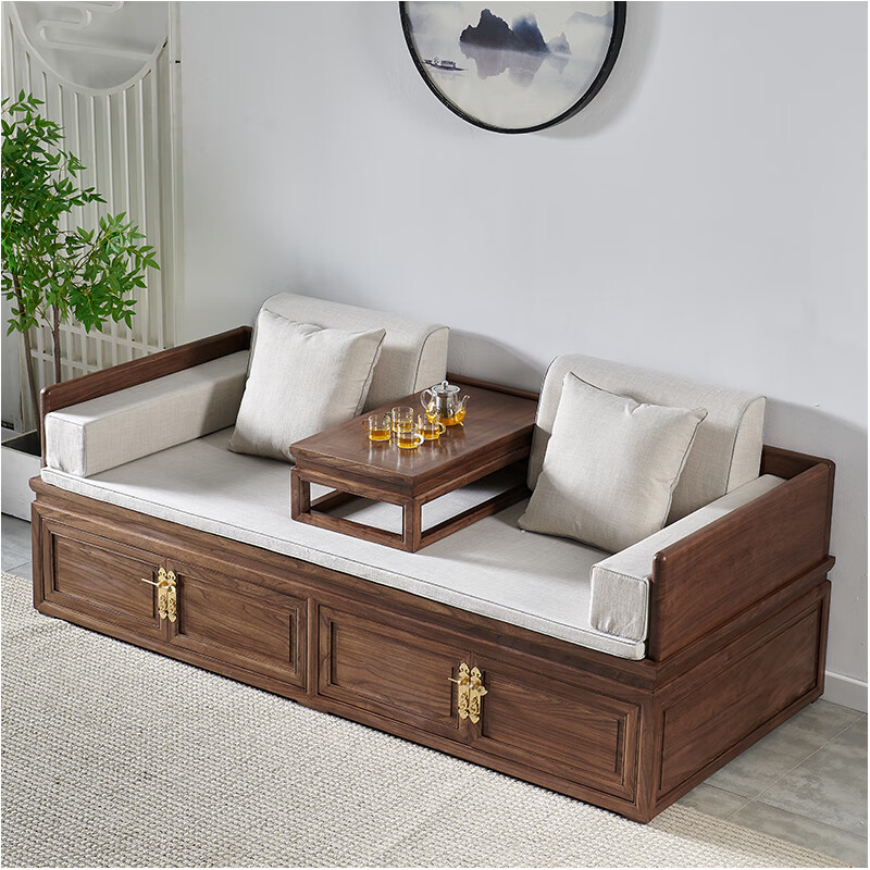 兢韵社新中式胡桃实木罗汉床客厅塌米沙发禅意箱体式卯榫沙发床组合