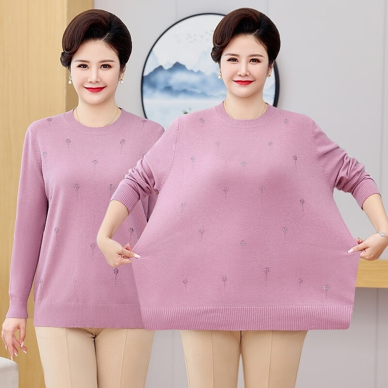 榄舍胖妈妈薄款针织打底女衫秋冬季中老年加肥大码200斤宽松圆领毛衣 红色【A01#】 6XL 建议180-200斤