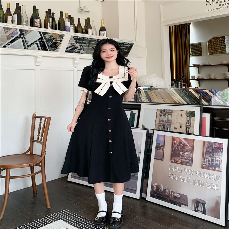町鸾(tingluan)微胖女生礼服穿搭蝴蝶结显瘦连衣裙夏季胖mm梨形身材