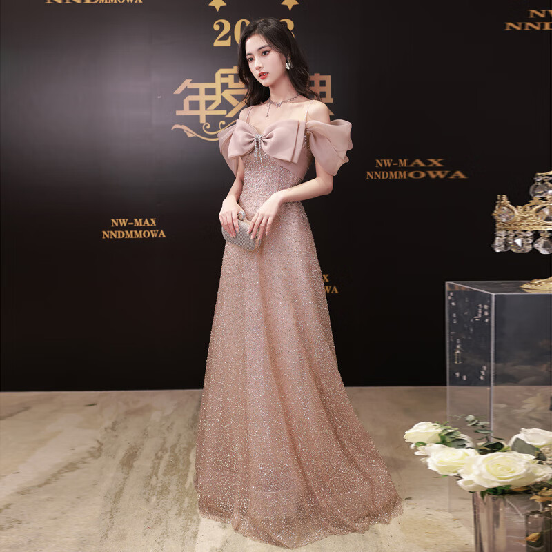 空眸成人礼服女18嵗礼服高级感一字肩宴会气质高端钉珠年会主持演出服