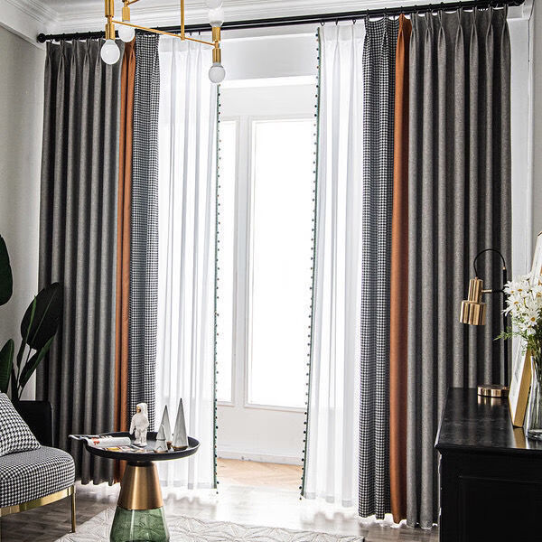 犇居飙新款加厚棉麻遮光千鸟格窗帘拼接布料卧室简约现代客厅隔热ins